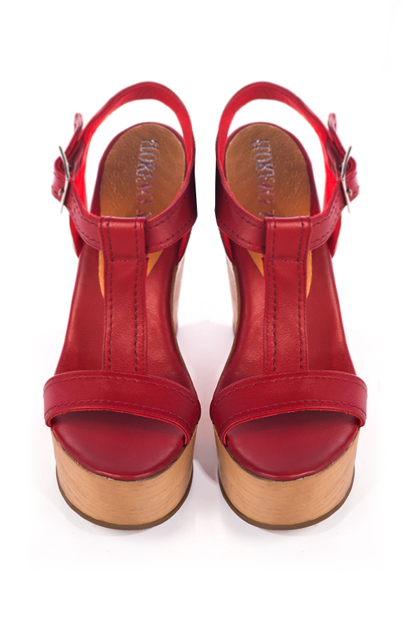 Cardinal red women's fully open sandals, with an instep strap. Round toe. Very high wedge soles. Top view - Florence KOOIJMAN
